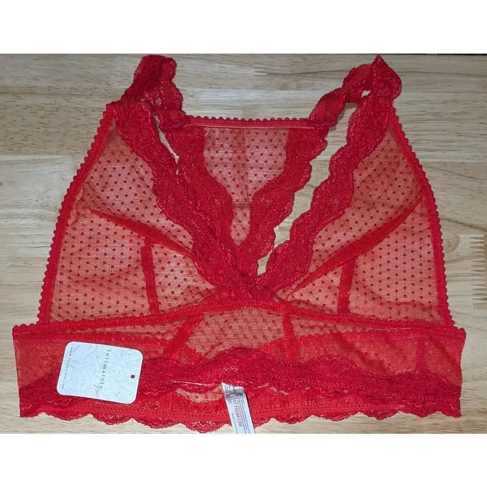 Free People Longline Bra, Small, Red Mesh Lace Polka Dot Sheer Bralette Lingerie